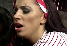 Busty brunette milf's pussy smashed while friends watch her moan