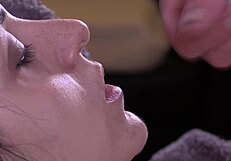 Close-up view of a sensual blowjob with a big dick and cum shot on Queen Mona's face