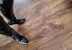 Stepmother with painful pins in her tits and tall boots gives deep blow job