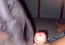 Teasing myself with my stepsister's lingerie while stroking my big cock.