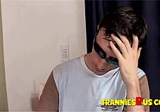 Tranniesrus Hot Blonde Shemale with Big Boobs Handles Two Dicks