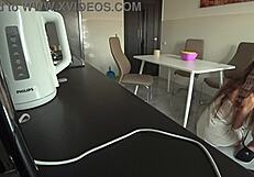 Wife And Neighbor Fuck In The Kitchen While Husband Is At Work Cheating For Debts