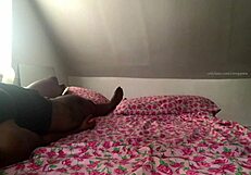 Talking and teasing with slim black babe in thong exposing asshole on bed