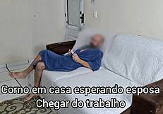 Blindfolded Wife Tricked in Bedroom with Hidden Friend Joining for Surprise Action.