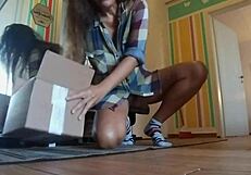 Brunette Babe Pranks Delivery Guy with Butt Plug and No Panties Under Skirt