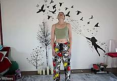 Yoga lesson turns into detailed pussy play with cute European slut during instruction.