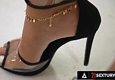 Elena Lux is a blonde beauty who works her magic with a footjob and anal fingering.