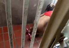 Red t-shirt clad Latina gives great blow job to her neighbor