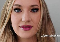 Lost in her ice blue eyes stretching her pink slit!