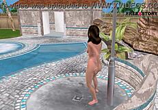 Animated 3d hentai girl strikes sexy poses and showers by the pool!
