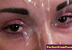 Busty English babe in lingerie jerks and sucks for facial cumshot