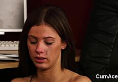 Slutty doll gets cum shot on her face sucking all the jizm