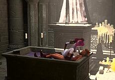 Beautiful woman with natural large breasts dominates a man in a fight and gets rewarded with deep throat sex in 3D animation.