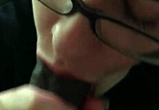 Close-up lipstick blowjob on monster cock with sucking and cum