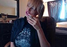 Amateur blonde Sandi shows her big cans and squirts while smoking a cigarette