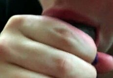 Close-up lipstick blowjob on monster cock with sucking and cum