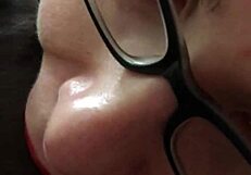 Close-up lipstick blowjob on monster cock with sucking and cum