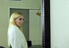 Blonde teen 18+ gives footjob and sucks big cock