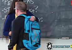 A busty MILF teacher seduces a student in this homemade video.