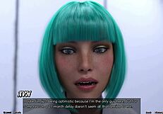 Beautiful teen space girl wakes up with great news in a cartoon game.