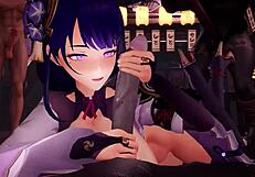 Raiden Shogun Takes on Wild Gang Bang in Anime Action