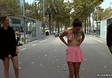 Public humiliation of a hot brunette with a rough fuck and blow job