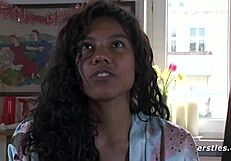 Sweet ebony amateur masturbates her hairy pussy on the balcony outdoors