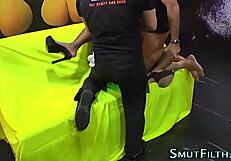 Ebony whore gets face covered in spunk after blowbang