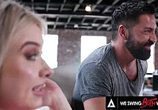 Kaiia Eve and her husband have a threesome with a salesman and give deep blow jobs and a bareback fuck.