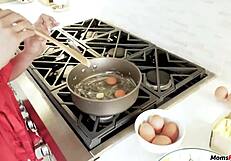 stepmom gives intense blowjob to stepson while he cooks in the kitchen