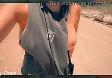 wife flashing side boob on a public bench dare