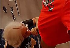 Blonde barbie feels pleasure sucking big black cock deepthroat.