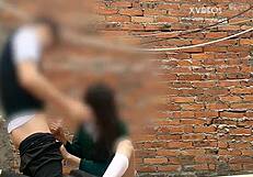 Cute mexican babe performs public blowjob behind school classrooms while getting fucked outdoors