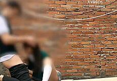 Cute mexican babe performs public blowjob behind school classrooms while getting fucked outdoors