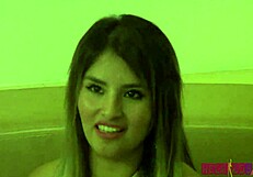 Beautiful Mexican actress in a hot cosplay costume in a backstage interview