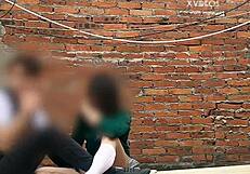 Cute mexican babe performs public blowjob behind school classrooms while getting fucked outdoors