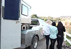 Hey, busty latina sucks on her knees in santa hat