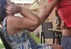 Sucking his cock outdoors! Cum explodes.