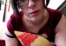 Pov worship of patent heels with spitting and gum chewing by short-haired femdom.