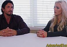 stockings hottie sucking big cock with handjob and monster cock