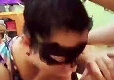 Masked blowjob turns into deepthroat action