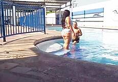 Chubby housewife gets naughty in public pool orgy