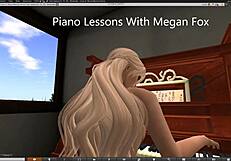 Megan Fox at the piano in a captivating performance.