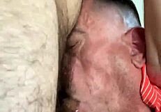 rear view gagging on hairy cock with choking deepthroat
