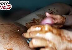 horny teen girlfriend licking black balls with chocolate syrup at christmas