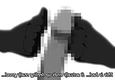 Anime girl teases with footjob on monster cock