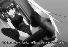 Anime girl teases with footjob on monster cock