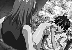 Anime girl teases with footjob on monster cock