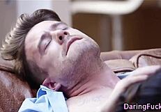 Buxom babe in lingerie intensely blows monster cock