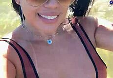 Big tits babe shows tan mark in VIP